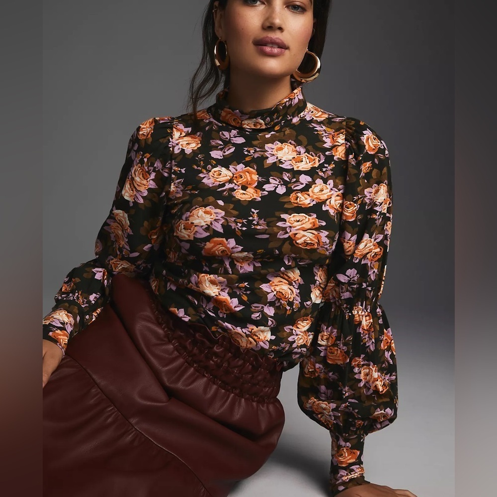By Anthropologie Tiered-Sleeve Turtleneck Ruffled Long Sleeve Blouse